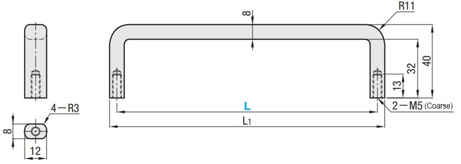 Economic type Square handle Stainless steel Dimensional drawing