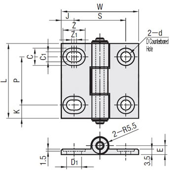 Economic type aluminum hinge Slotted hole type Dimensional drawing