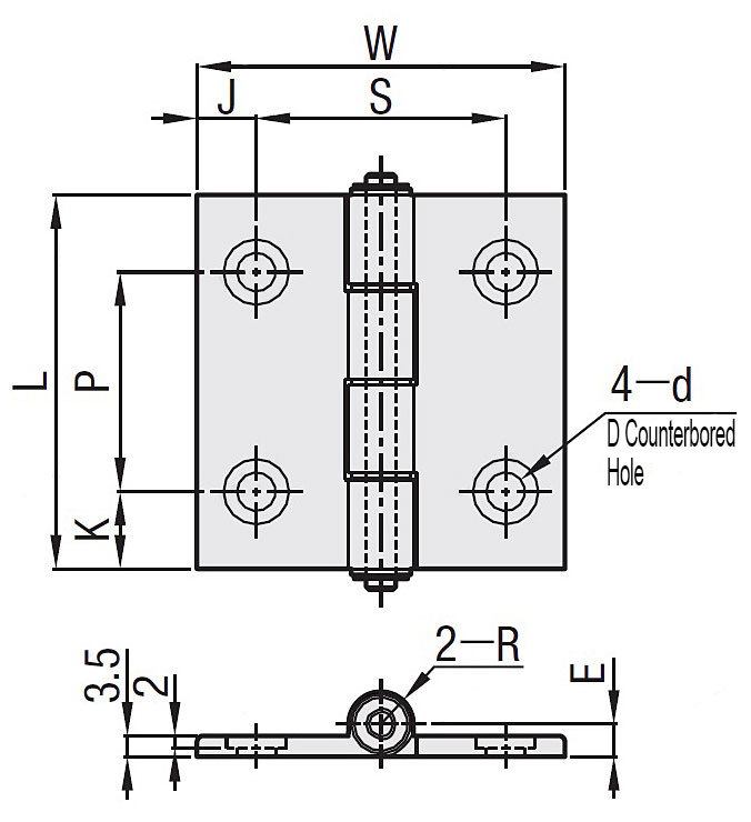 Economic type aluminum hinge Ultra low head bolt hole type Dimensional drawing