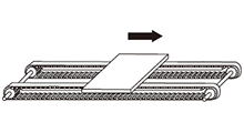 Plates are conveyed by two timing toothed belts