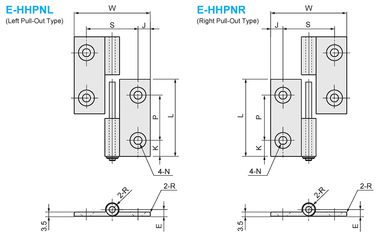 Economy series Low Dust Aluminum Hinges Dimensional Drawing