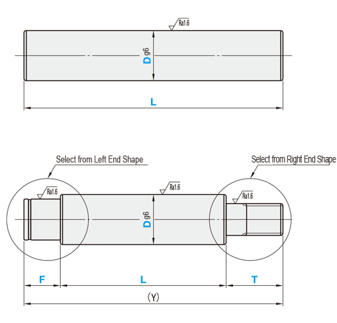 Rotary Shaft - End Shape Selectable: Dimensional Drawing