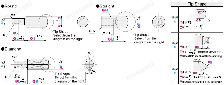 MISUMI Locating Pin Specifications and Dimensional Drawing  Large Head Round