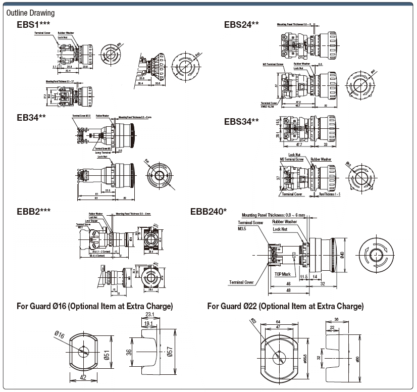 Non-illuminated Emergency Stop Switch Mounting Hole Ø 16, Ø 22 Ø 30:Related Image