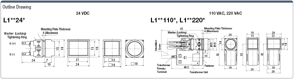 Indicator Light Mounting Hole Ø 16, Ø 22, Ø 30:Related Image