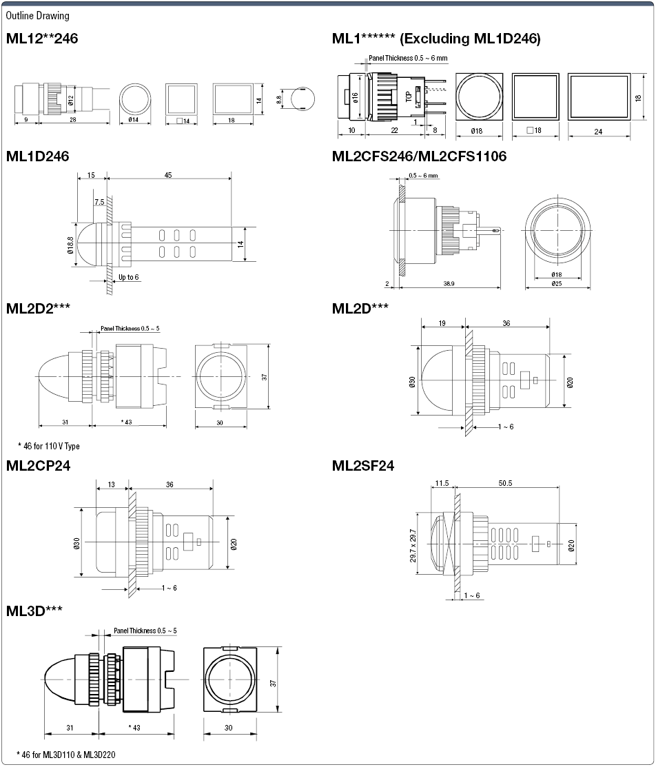 Indicator Lamps, Mounting Hole Diameter: Ø 12, Ø 16, Ø 22, or Ø 30 (Value Model):Related Image