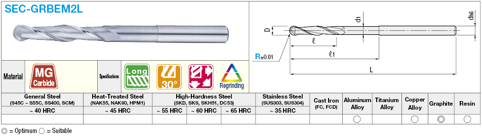 Carbide Ball End Mill for Graphite Machining, 2-Flute / Long Model:Related Image