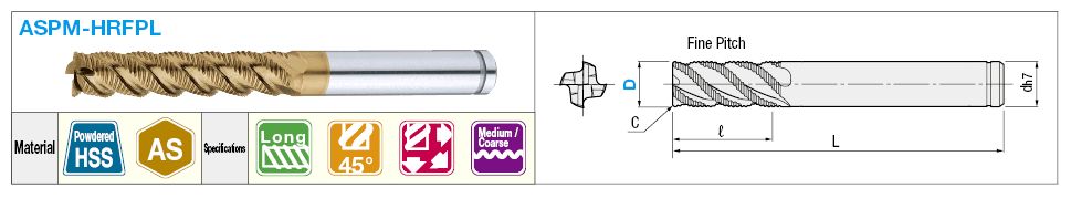 AS Coated Powdered High-Speed Steel Roughing End Mill, 45° Spiral, Long, Center Cut:Related Image