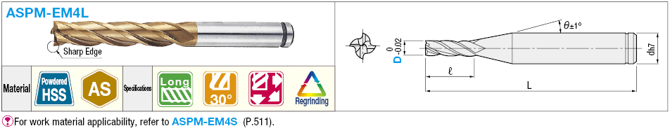 AS Coated Powdered High-Speed Steel Square End Mill, 4-Flute, Long:Related Image