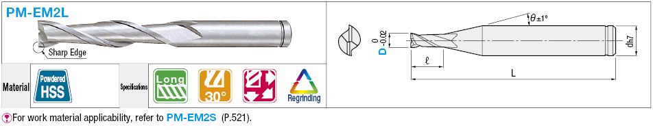 Powdered High-Speed Steel Square End Mill, 2-Flute, Long / Non-Coated Model:Related Image