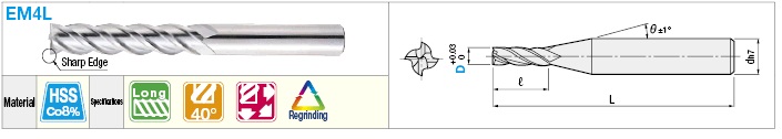 High-Speed Steel Square End Mill, 4-Flute, Long / Non-Coated Model:Related Image