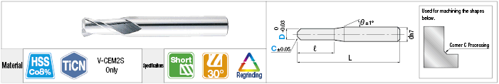 High-Speed Steel Corner C End Mill, 2-Flute / Short Model:Related Image