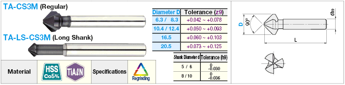 TiAlN Coated High-Speed Steel Countersink, 3-Flute / 90°, Regular, Long Shack Model:Related Image