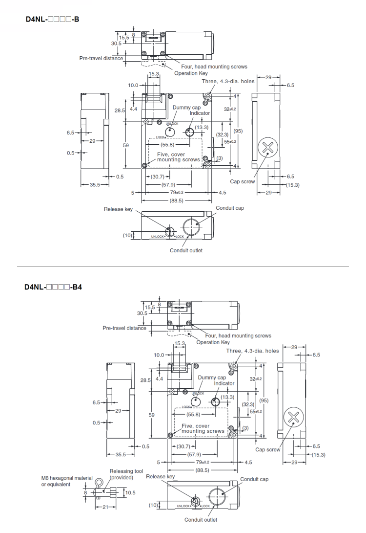 Compact safety door switch with electromagnetic lock D4NL External shape drawing-1