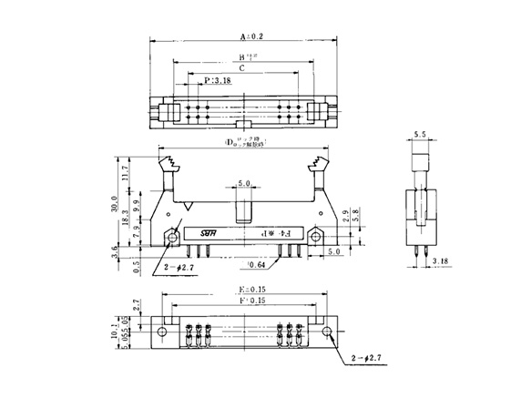 Pin header straight DIP type dimensional drawing