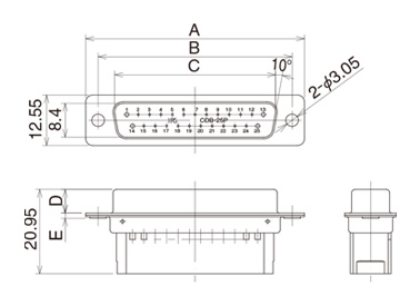 Male connector CDB-25P(05) dimensional drawing