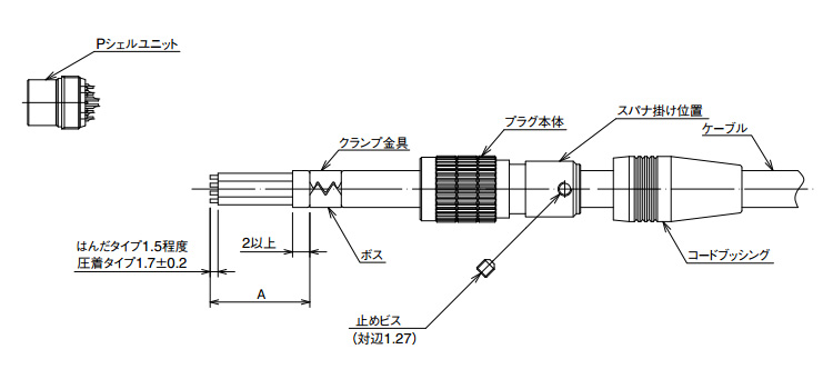 Cable Assembly Procedures (Plug Side) Outline Diagram - The outline of wiring work for this diagram uses the soldered type as an example. The jack side is also based on the work outline of the plug; however, the receptacle side does not require a special work outline and has been omitted because of this.