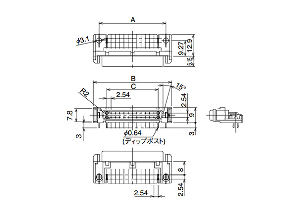 Right-angle DIP female connector dimensional drawing