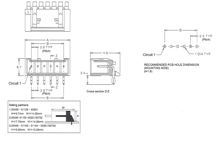 2.5-mm Pitch, Mini-Lock, Wafer Right Angle Type 53426 