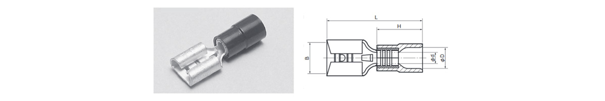 · Oxygen-free copper (tin electroplated) is used for the terminal part, oxygen-free copper pipe (tin electroplated) is used for the sleeve part, and polyvinyl chloride or nylon is used for the insulator part. · Rated voltage is 300 V. · The operating temperature range is -40°C to +75°C for polyvinyl chloride and -40°C to +105°C for nylon. · Proper care is required as there is a danger of abnormal heat generation which could result in fire.