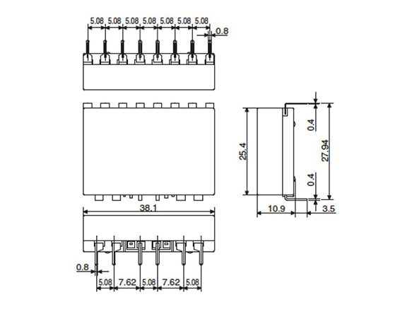 Dimensional drawing of flat type printed circuit board terminal 4c