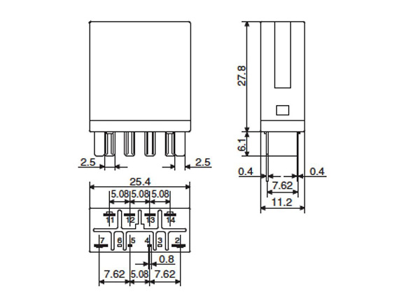 Dimensional drawing of flat type printed circuit board terminal 2c