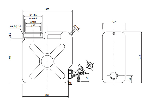 External Appearance Dimensional Drawing of Flat Wide-Opening Bottle with Stopcock