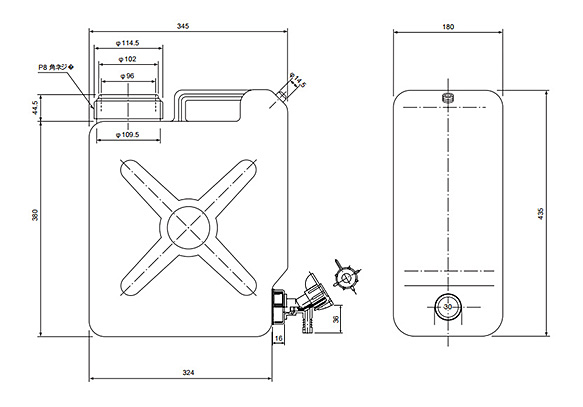 External Appearance Dimensional Drawing of Flat Wide-Opening Bottle with Stopcock