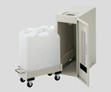 WF-1 external appearance image. Can store 1 to 4 plastic tanks and can be stored underneath the lab bench, etc. The waste liquid funnel has a cover, preventing the spread of odors. The door has a window, making it easy to check how much waste liquid is being stored. Plastic tanks sold separately.