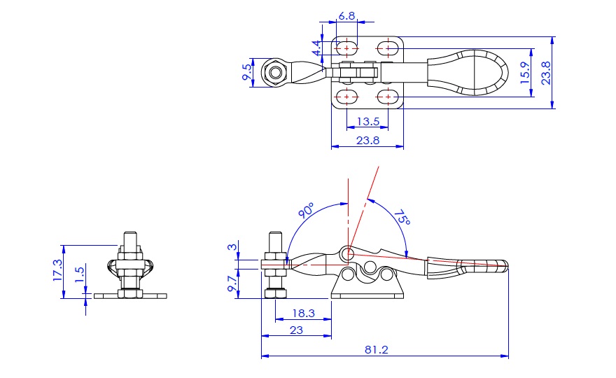 Toggle Clamp - Horizontal - Fixed-Main-Axis Arm (Flange Base), GH-201-A/GH-201-ASS 