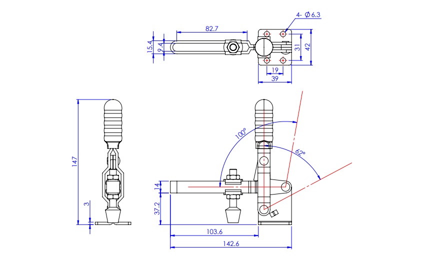 Toggle Clamp - Vertical-Handled - Long U-Shaped Arm (Flange Base) GH-101-E 