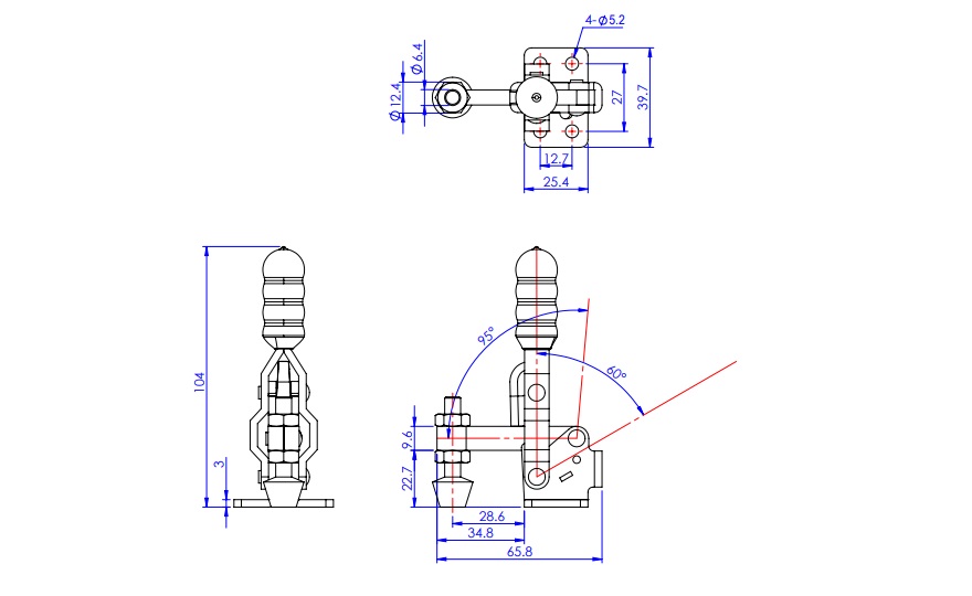 Toggle Clamp - Vertical-Handled - Fixed-Main-Axis-Arm Type (Flange Base) GH-12050/GH-120505-SS 