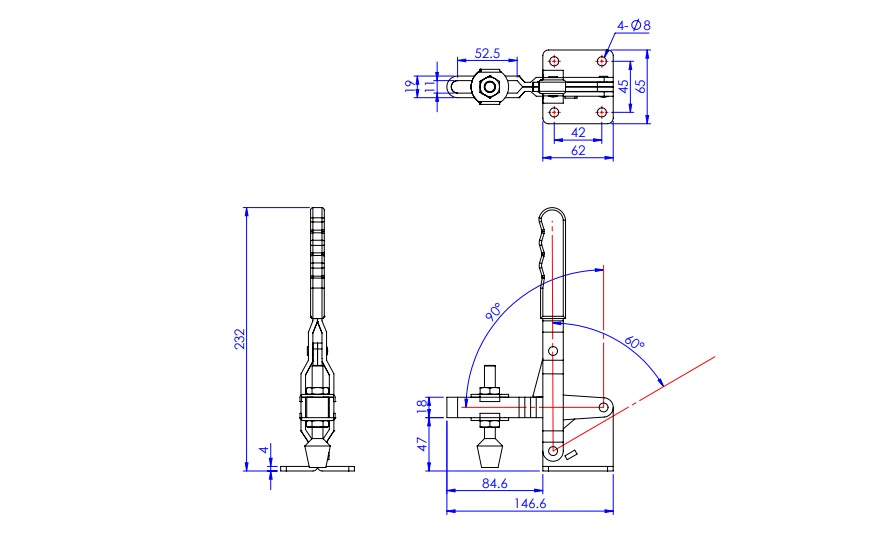 Toggle Clamp - Vertical Handle - U-Shaped Arm (Flanged Base) GH-101-EL 