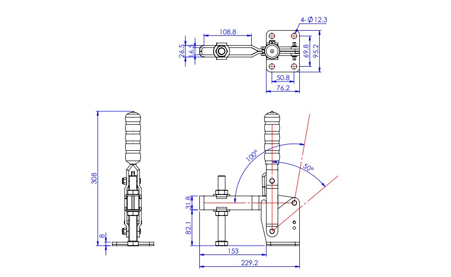 Toggle Clamp - Vertical Handle - U-Shaped Arm (Flanged Base) GH-101-J 