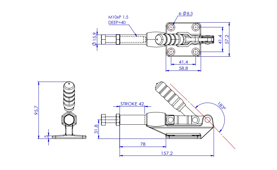 Toggle Clamp - Push-Pull - Flanged Base, Stroke 42 mm, Angled Handle, GH-304-EM/GH-304-EMSS 