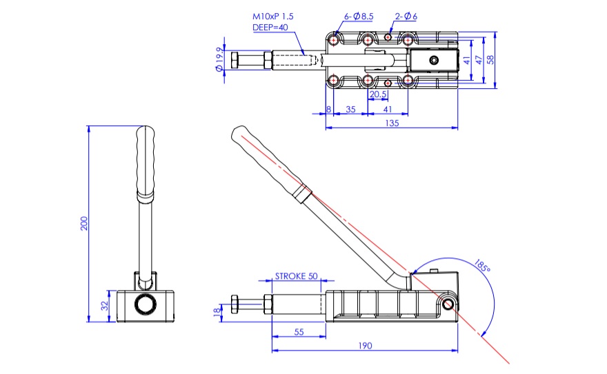 Toggle Clamp - Push-Pull - Flanged Base, Stroke 50 mm, Straight Long Handle, GH-31200HL