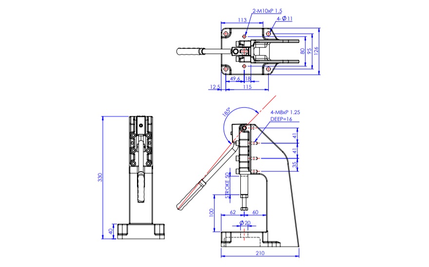 Toggle Clamp - Push-Pull - Extruded Base, Stroke 50 mm, Straight Handle, GH-31200P