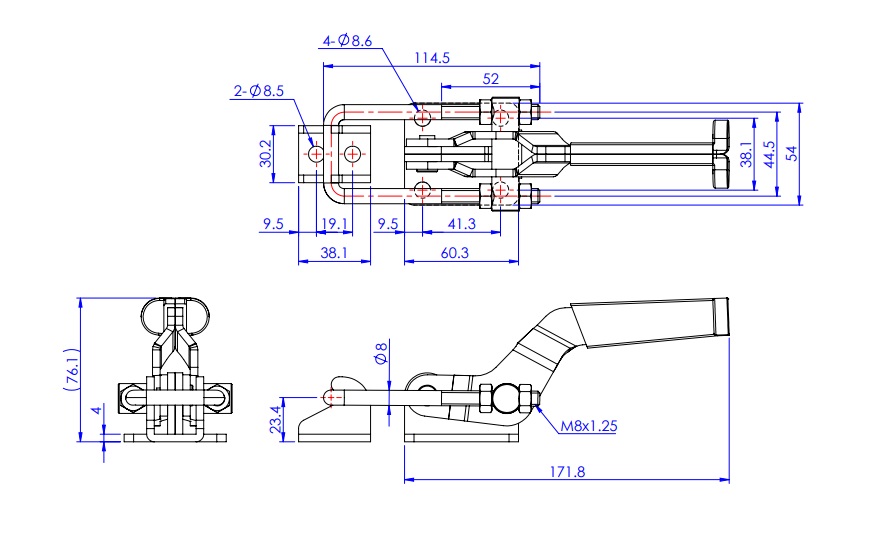 Toggle Clamp - Pull Action Type - Flanged Base, U-Shaped Hook GH-40341/GH-40341-SS 