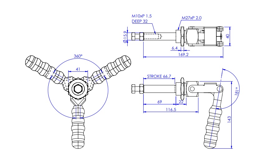 Toggle Clamp - Push-Pull Action Type - Flanged Base, Stroke 66.8 mm, Straight Arm GH-36224M/GH-36224-MSS 