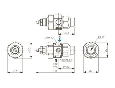 Two-fluid nozzle for fine mist generation small jet volume fan-shaped BIMV series (liquid pressurized type) drawing (USNB type)