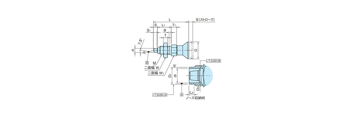 Dimensional drawing of Index Plunger (Tapered, High Position Type)