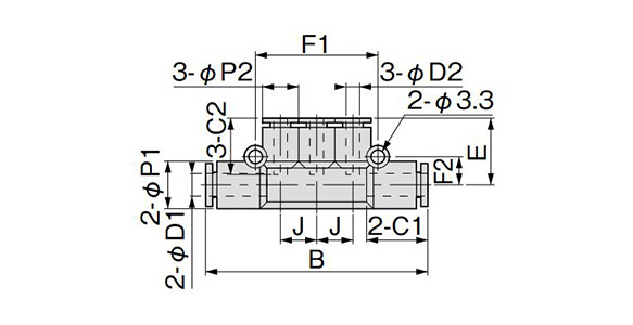 Dimensional drawing of UED series reducing triple