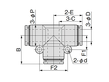 Dimensional drawing of UT series union tee