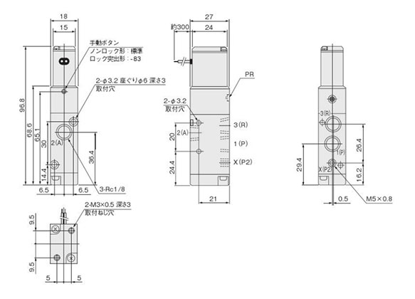 Dimensional drawing of 182E1 and V182E1