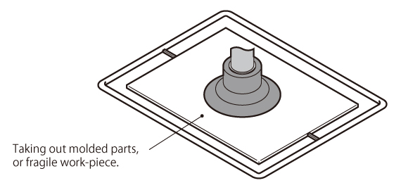 The pad rubber has superior elasticity and adheres to plastic molded parts leaving relatively little trace. Fittings with vacuum outlets on both sides of the pad holder are also now available. This fitting is ideal for use in adhering to / transporting molded parts by linking multiple vacuum pads to a single vacuum source.