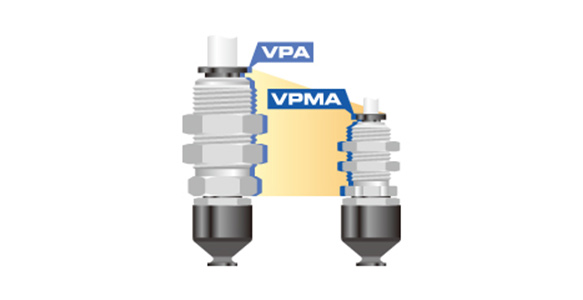 Small holders downsized from existing vacuum pad holders (A, B, C, D and E types) to save space. Also compatible with the optional fall prevention valve and directly attachable-type pad filters.