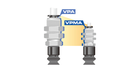 Small holders downsized from existing vacuum pad holders (A, B, C, D types) to save space. Also compatible with the optional fall prevention valve and directly attachable-type pad filters.