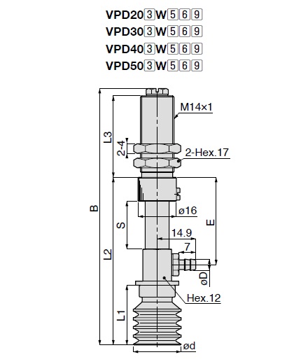 Vacuum Pad Multistage Bellows Type VPD Barb Fitting Type 