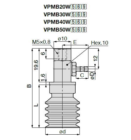 Vacuum Pad Multistage Bellows VPMB Barb Fitting Type 