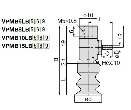 Vacuum Pad, Compact Soft Bellows Type, VPMB, Barbed Fitting Type 